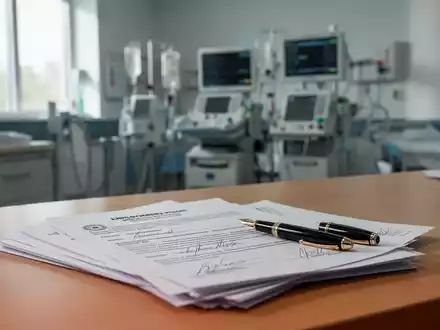 Ein Schreibtisch in einer Klinik mit Arbeitsverträgen und einem Füllfederhalter, symbolisch für arbeitsrechtliche Fragen. - Foto: über boerse-global.de