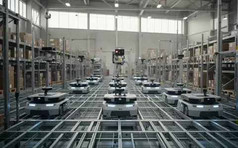 Autonome Industrieroboter bewegen sich in einem modernen, hochautomatisierten Logistikzentrum zwischen Regalsystemen. - Foto: über boerse-global.de