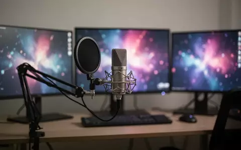 Ein modernes Home-Office-Setup mit professionellem Mikrofon und Monitoren vor einem unscharfen Hintergrund. - Foto: über boerse-global.de