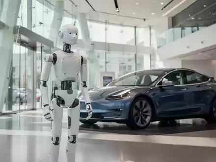 Ein humanoider Roboter steht in einem modernen Autohaus neben einem Elektrofahrzeug. - Foto: über boerse-global.de