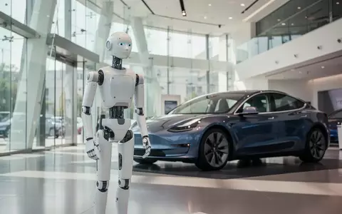 Ein humanoider Roboter steht in einem modernen Autohaus neben einem Elektrofahrzeug. - Foto: über boerse-global.de