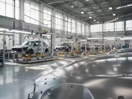 Ein moderner, heller Automobil-Produktionsstandort in einer industriellen Fertigungshalle bei Tageslicht. - Foto: über boerse-global.de
