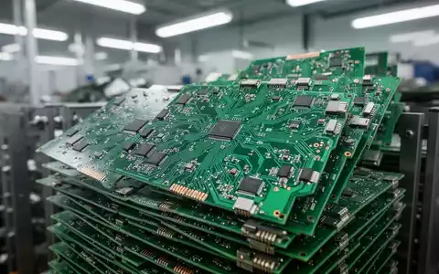 Ein Stapel moderner, grüner Leiterplatten in einer industriellen Recyclinganlage. - Foto: über boerse-global.de