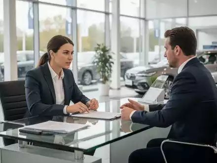 Ein Verkäufer und ein Kunde sitzen an einem Schreibtisch in einem Autohaus und besprechen Finanzierungsunterlagen. - Foto: über boerse-global.de