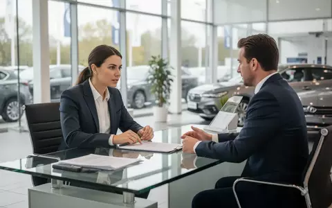 Ein Verkäufer und ein Kunde sitzen an einem Schreibtisch in einem Autohaus und besprechen Finanzierungsunterlagen. - Foto: über boerse-global.de
