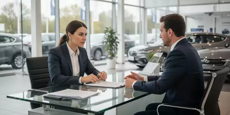 Ein Verkäufer und ein Kunde sitzen an einem Schreibtisch in einem Autohaus und besprechen Finanzierungsunterlagen. - Foto: über boerse-global.de