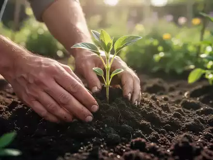 Nahaufnahme von Händen, die behutsam einen Setzling in die Gartenerde pflanzen. - Foto: über boerse-global.de