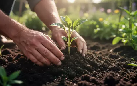 Nahaufnahme von Händen, die behutsam einen Setzling in die Gartenerde pflanzen. - Foto: über boerse-global.de