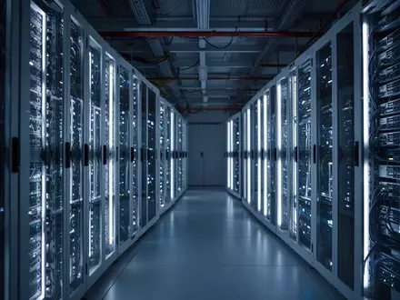Moderne Serveranlage in einem Rechenzentrum mit blau leuchtenden Server-Racks. - Foto: über boerse-global.de