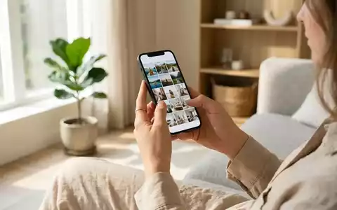 Person hält ein Smartphone mit einer modernen Fotogalerie-App in einem hellen, sonnendurchfluteten Raum. - Foto: über boerse-global.de