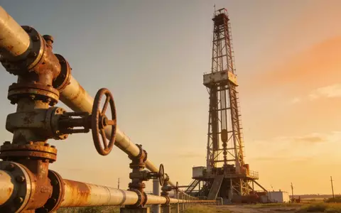 Eine industrielle Erdgasanlage mit einem Bohrturm in einer ländlichen Landschaft bei Sonnenuntergang. - Foto: über boerse-global.de