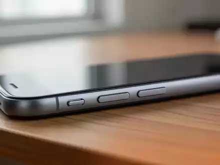 Nahaufnahme der seitlichen Tasten eines modernen Smartphones auf einem Holztisch bei natürlichem Licht. - Foto: über boerse-global.de
