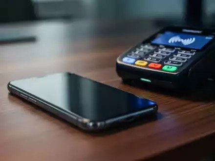 Ein Smartphone liegt neben einem kontaktlosen Zahlungsterminal auf einem Holztisch. - Foto: über boerse-global.de