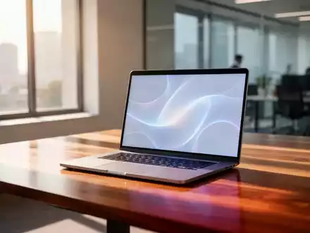 Ein moderner, minimalistischer Büroarbeitsplatz mit einem geöffneten Laptop auf einem Holztisch bei natürlichem Tageslicht. - Foto: über boerse-global.de