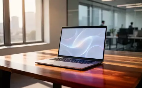 Ein moderner, minimalistischer Büroarbeitsplatz mit einem geöffneten Laptop auf einem Holztisch bei natürlichem Tageslicht. - Foto: über boerse-global.de