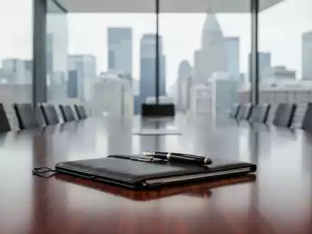 Ein minimalistischer Konferenzraum mit einem Notizbuch und Füllfederhalter vor einem verschwommenen Skyline-Hintergrund. - Foto: über boerse-global.de