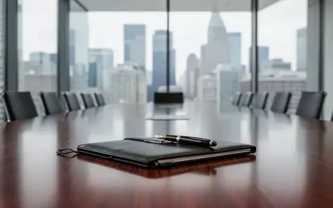 Ein minimalistischer Konferenzraum mit einem Notizbuch und Füllfederhalter vor einem verschwommenen Skyline-Hintergrund. - Foto: über boerse-global.de