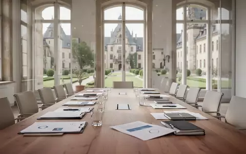 Ein heller Konferenzraum in einem Schloss mit einem langen Holztisch, bereit für politische Beratungen bei Tageslicht. - Foto: über boerse-global.de