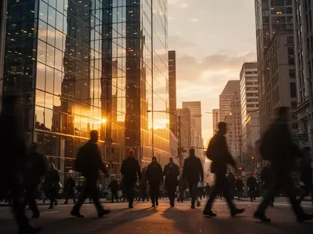 Menschen in einem modernen Finanzviertel vor einem gläsernen Wolkenkratzer im Abendlicht. - Foto: über boerse-global.de