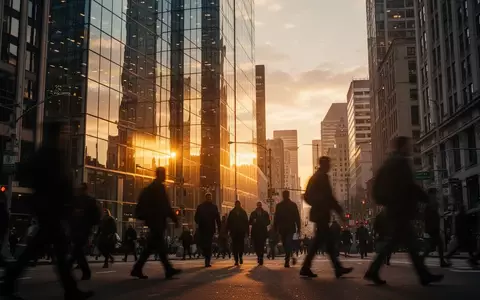 Menschen in einem modernen Finanzviertel vor einem gläsernen Wolkenkratzer im Abendlicht. - Foto: über boerse-global.de