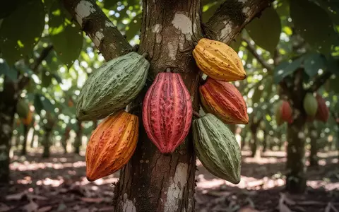 Reife Kakaofrüchte an einem Kakaobaum auf einer Plantage. - Foto: über boerse-global.de