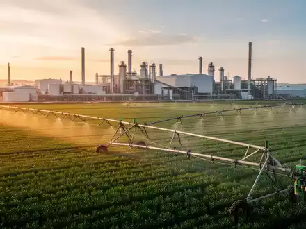 Weite Ansicht eines modernen landwirtschaftlichen Betriebs bei Sonnenuntergang mit bewässerten Feldern. - Foto: über boerse-global.de