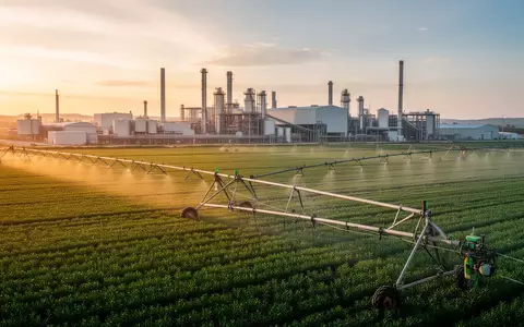 Weite Ansicht eines modernen landwirtschaftlichen Betriebs bei Sonnenuntergang mit bewässerten Feldern. - Foto: über boerse-global.de