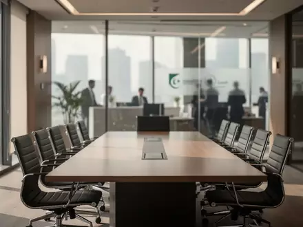 Ein moderner, leerer Konferenzraum in einer Bankfiliale mit weichem Tageslicht. - Foto: über boerse-global.de