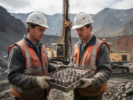 Geologe bei der Untersuchung von Gesteinsproben an einer Bohrstelle in einer Bergbauregion. - Foto: über boerse-global.de