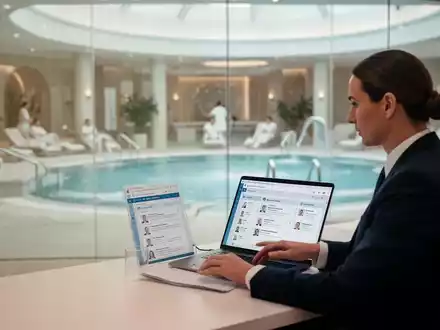 Eine Führungskraft arbeitet an einem Laptop in einem modernen Büro mit Blick auf eine weitläufige Thermenlandschaft. - Foto: über boerse-global.de