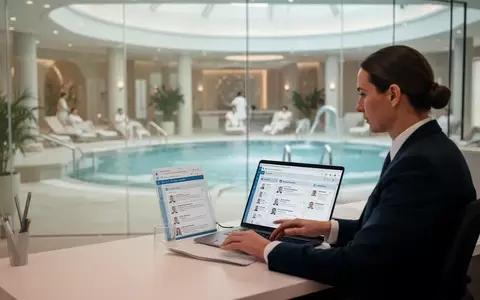 Eine Führungskraft arbeitet an einem Laptop in einem modernen Büro mit Blick auf eine weitläufige Thermenlandschaft. - Foto: über boerse-global.de