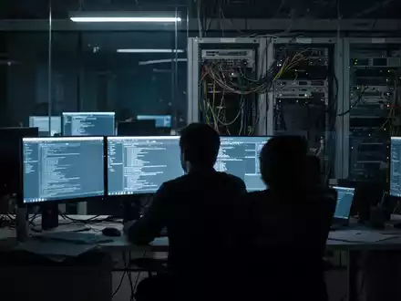 Ein dunkles Büro bei Nacht, beleuchtet durch das kalte blaue Licht von Computermonitoren, im Hintergrund technisches Equipment. - Foto: über boerse-global.de