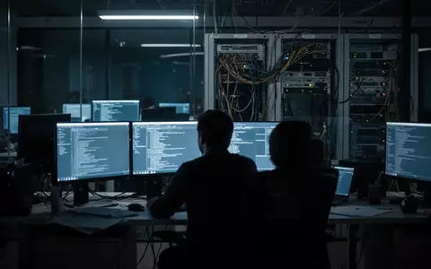 Ein dunkles Büro bei Nacht, beleuchtet durch das kalte blaue Licht von Computermonitoren, im Hintergrund technisches Equipment. - Foto: über boerse-global.de