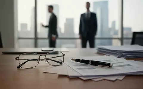 Ein minimalistischer Büroarbeitsplatz mit einer Brille, einem Füllfederhalter und unscharfen Finanzunterlagen auf einem Holztisch. - Foto: über boerse-global.de