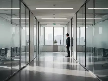 Ein moderner, minimalistischer Büroflur in einem Bankgebäude mit natürlichem Lichteinfall. - Foto: über boerse-global.de