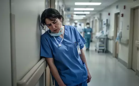 Erschöpfte Pflegekraft im Krankenhausflur, die sich kurz an eine Wand lehnt. - Foto: über boerse-global.de