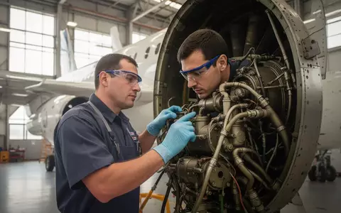 Ein Flugzeugmechaniker bei der Wartung eines Triebwerks in einer Flugzeughalle. - Foto: über boerse-global.de