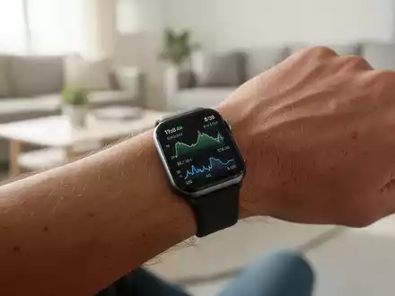 Eine Person trägt eine moderne Smartwatch am Handgelenk, die Vitaldaten in einer hellen, minimalistischen Wohnumgebung anzeigt. - Foto: über boerse-global.de