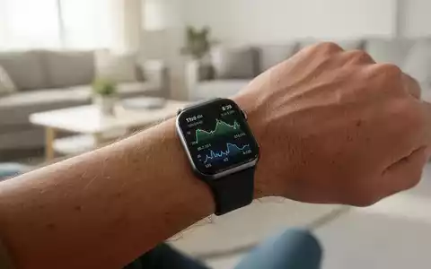 Eine Person trägt eine moderne Smartwatch am Handgelenk, die Vitaldaten in einer hellen, minimalistischen Wohnumgebung anzeigt. - Foto: über boerse-global.de
