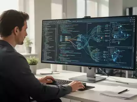 Ein Softwareentwickler arbeitet an einem modernen Arbeitsplatz mit komplexen Code-Strukturen auf dem Monitor. - Foto: über boerse-global.de