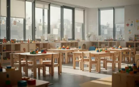 Ein leerer, modern eingerichteter Gruppenraum in einer Kindertagesstätte mit Holzmöbeln und Spielzeug bei natürlichem Licht. - Foto: über boerse-global.de