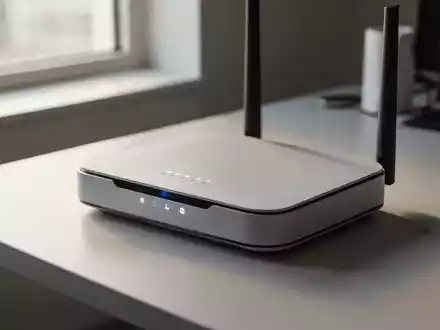 Moderner WLAN-Router auf einem minimalistischen Schreibtisch in einer professionellen Büroumgebung. - Foto: über boerse-global.de