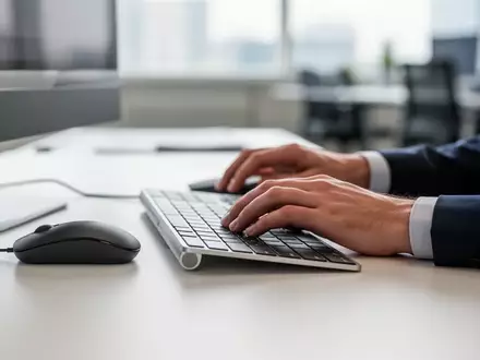 Eine Person nutzt eine Computermaus auf der linken Seite einer Tastatur an einem modern eingerichteten Büroarbeitsplatz. - Foto: über boerse-global.de
