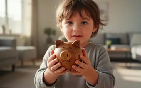 Ein Kind hält ein hölzernes Sparschwein in einem hellen, modern eingerichteten Wohnzimmer. - Foto: über boerse-global.de