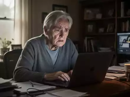 Eine ältere Person sitzt besorgt vor einem Laptop in einem privaten Arbeitszimmer. - Foto: über boerse-global.de