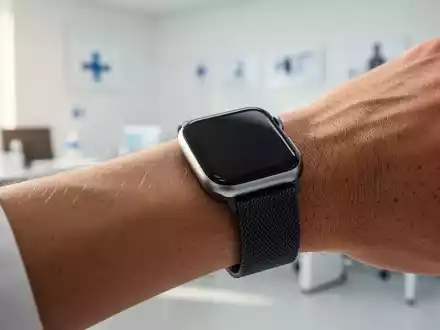 Nahaufnahme einer modernen Smartwatch am Handgelenk einer Person in einer hellen, medizinischen Umgebung. - Foto: über boerse-global.de