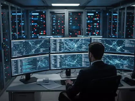 Ein Cybersicherheitsexperte arbeitet in einem abgedunkelten Serverraum an der Analyse komplexer Netzwerkdaten. - Foto: über boerse-global.de