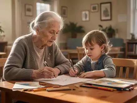 Eine ältere Frau und ein Kind sitzen gemeinsam an einem Tisch und beschäftigen sich freundlich miteinander. - Foto: über boerse-global.de