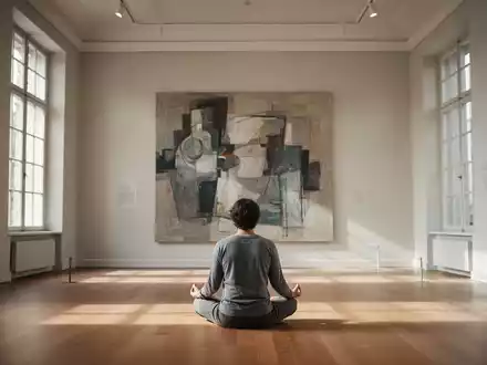 Eine Person sitzt in meditativer Haltung auf dem Boden eines lichtdurchfluteten Museums vor einem abstrakten Gemälde. - Foto: über boerse-global.de