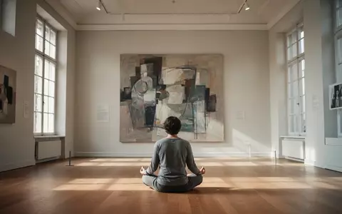 Eine Person sitzt in meditativer Haltung auf dem Boden eines lichtdurchfluteten Museums vor einem abstrakten Gemälde. - Foto: über boerse-global.de